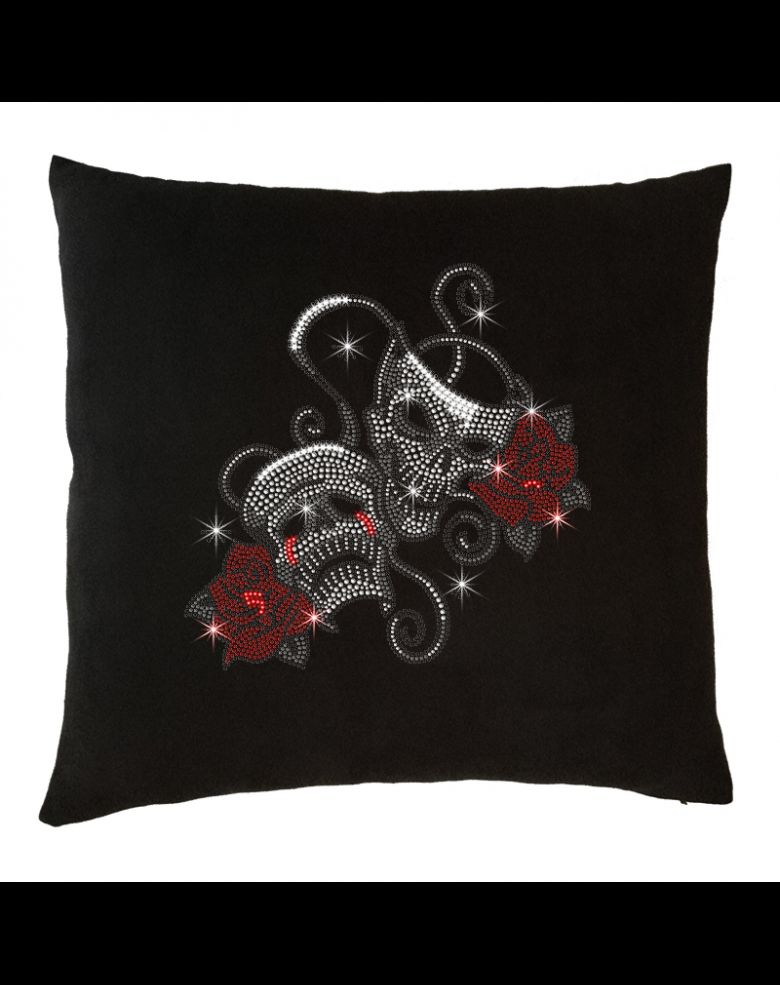 Rhinestone Bling Skull with Red Rose Washable Couch Throw Pillow