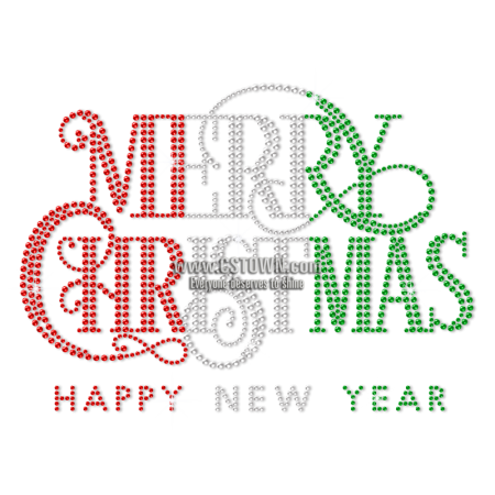 Custom Bling Merry Christmas and Happy New Year Rhinestuds Transfer