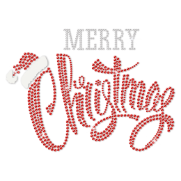 Red Rhinestone Merry Christmas with Little Hat Heat Transfer