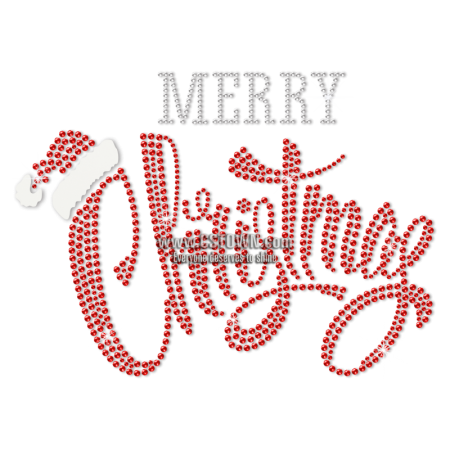 Red Rhinestone Merry Christmas with Little Hat Heat Transfer