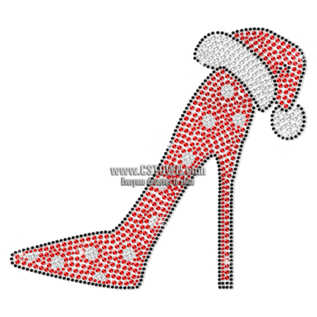 Bling Red High Heel with Christmas Hat Rhinestone Transfer