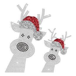 Two Reindeer In Red Christmas Hats Rhinestone Transfer