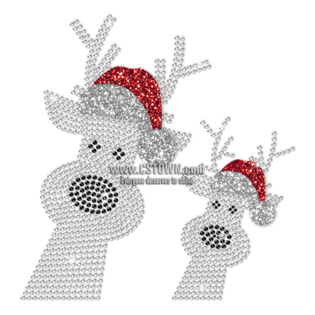 Two Reindeer In Red Christmas Hats Rhinestone Transfer