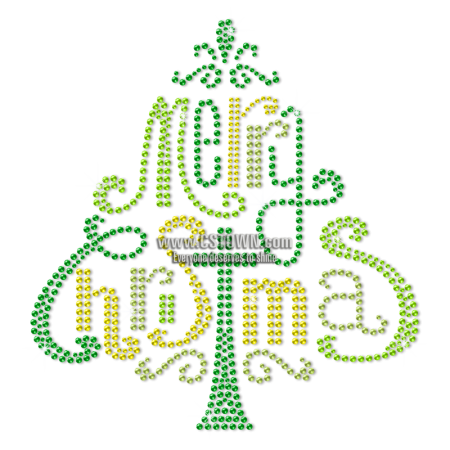 Green Christmas Tree Formed By Words Bling Rhinestone Transfer