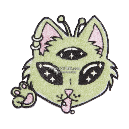Green Alien Cat with Three Eyes Chenille Patch