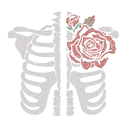 Rose in Skeleton Heart Iron on Rhinestone Transfer