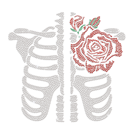 Rose in Skeleton Heart Iron on Rhinestone Transfer