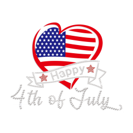 4th of July with American Flag Heart Iron on Rhinestone Transfer