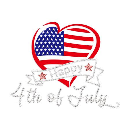 4th of July with American Flag Heart Iron on Rhinestone Transfer