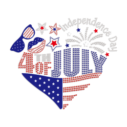 4th of July Heart Iron on Rhinestone and PU Transfer