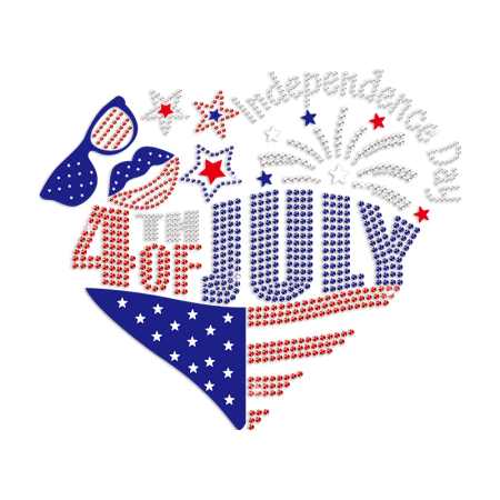 4th of July Heart Iron on Rhinestone and PU Transfer