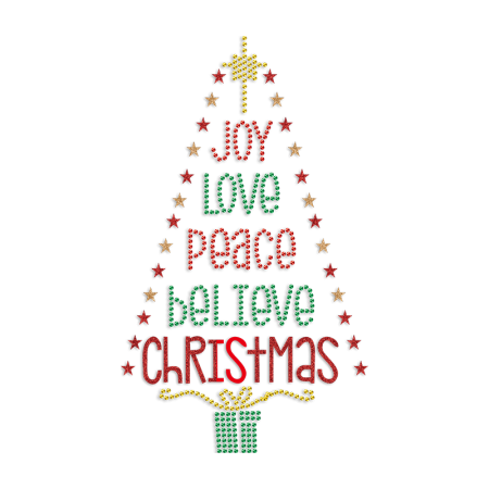 Joy Love Peace Believe Christmas Glitter & Rhinestone Heat Transfer